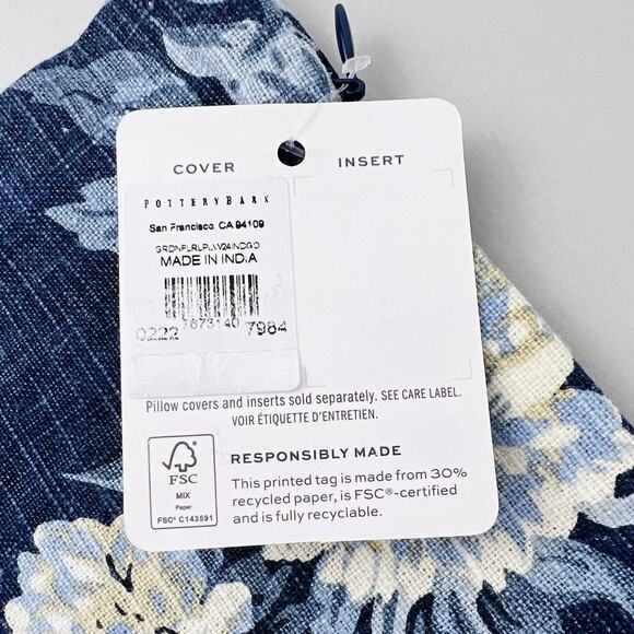 Pottery Barn Pillow Cover Garden Floral 24 x 24 Indigo Linen Blue Yellow Decor - Picture 3 of 6